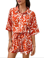 Women’s Top and Shorts Set with Leaf Pattern