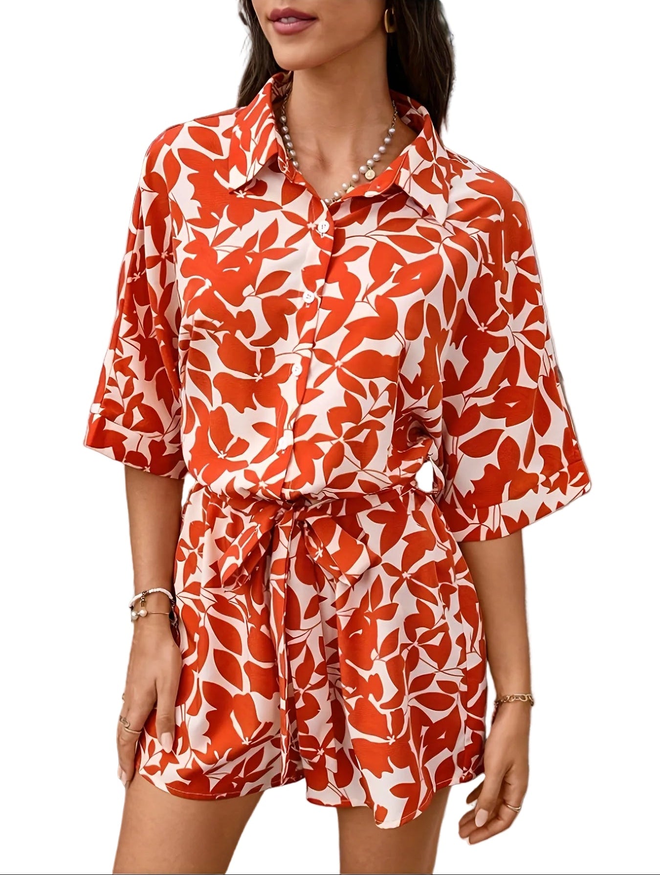 Women’s Top and Shorts Set with Leaf Pattern